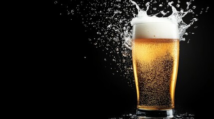 Glass of beer is poured into a glass, and the foam is spilling out of the glass