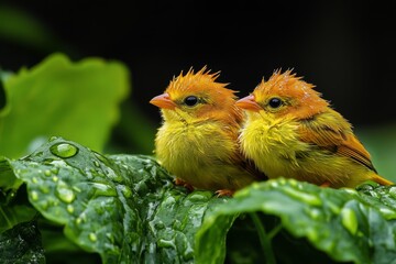 Obraz premium Two cheerful yellow birds nestled among dense green foliage