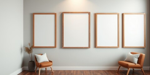 Modern Minimalist Room Interior with Empty Picture Frames and Armchairs