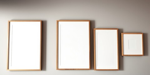 Three Wooden Frames with Blank White Spaces for Artwork or Photographs on a Gray Wall