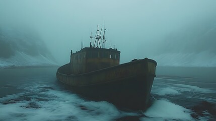 Rusty Ship Sailing Through Misty Waters