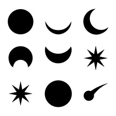 Crescent moon icon collection features varied crescent designs with stars, decorative patterns in black. Perfect moon vector set for celestial themes, spiritual designs, or astronomical projects