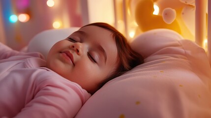 Baby sleeping peacefully in a soft, pastel-colored crib, warm lighting and a serene atmosphere