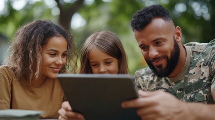 Fototapeta premium Military family gathered in a backyard, using a tablet for financial planning amidst casual conversation