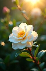 A delicate Camellia flower in full bloom, captured in the morning light with dew-kissed green leaves. Created with generative AI.