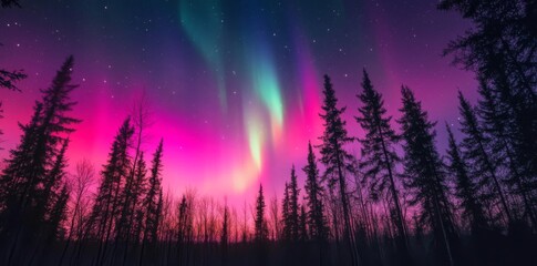 Vibrant Northern Lights dance over a dense forest at night creating an enchanting natural display