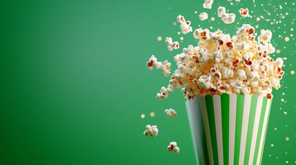 Green and white striped popcorn container with popcorn spilling out of it. Concept of fun and excitement, as if someone is having a great time at a movie theater