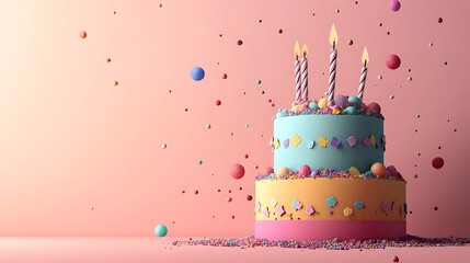 A vibrant paper cut illustration of a birthday cake, with intricate paper layers, colorful sprinkles, and a glossy finish, placed on a table with the space for text.