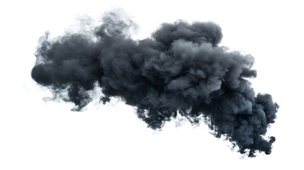Black smoke cloud swirling in isolation on white background with soft edges