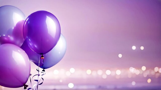 Purple background with purple balloons, bokeh and copy space. Animated birthday background.