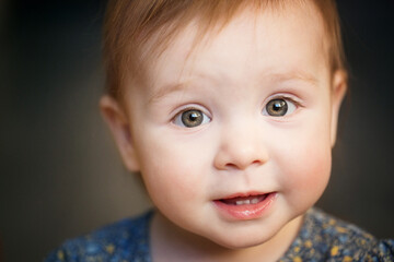 Side-by-side close up portrait of a caucasian child toddler girl with an expressive look. the first three baby teeth are visible.