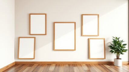 Minimalist Interior Design Mockup Empty Wooden Frames on a Light Wall with a Potted Plant