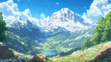 Beautiful mountains with snowy peaks and green forests