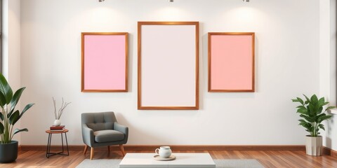 Modern Living Room Interior with Wooden Frames and Pastel Colors