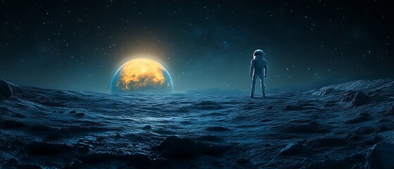 Obraz premium Astronaut on alien planet, gazing at a distant sunlit world.