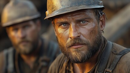 Fototapeta premium Close-up portrait of a determined miner, dirt-stained and wearing a hard hat, with a colleague blurred in the background.