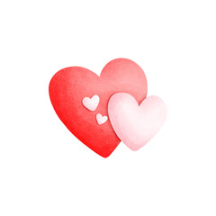 Watercolor painting of two hearts and two smaller hearts inside, showing warm love, Valentine's Day hearts.