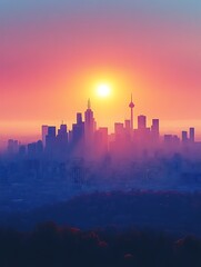 City skyline at sunrise, hazy atmosphere.