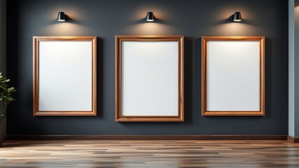 Three empty wooden picture frames on a dark wall, ready for your artwork