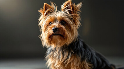 Fototapeta premium Yorkshire Terrier with a thoughtful expression sitting gracefully against a dark background