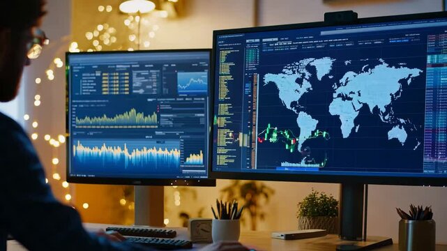 A financial analyst works on a dual-screen setup displaying global market trends and world maps, creating a dynamic environment for strategy and decision-making.