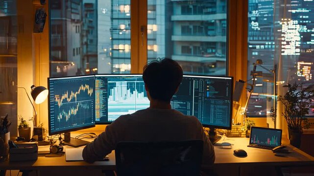 A financial trader seated in a high-tech workspace monitors multiple screens displaying real-time financial data, reflecting the fast-paced world of trading and analytics.