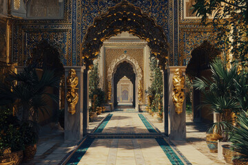 Golden arches leading into a grand, historical palace with intricate designs and a reflective floor creating a sense of awe