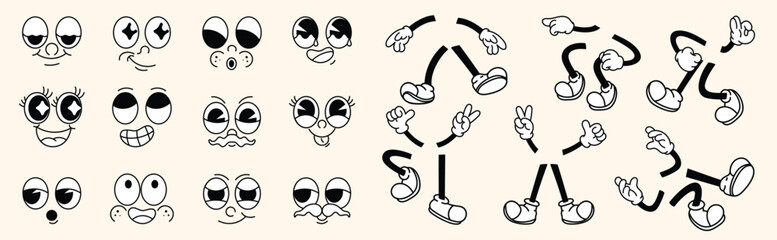 Set of 70s groovy comic faces vector. Collection of cartoon character faces, leg, hand in different emotions happy, angry, sad, cheerful. Cute retro groovy hippie illustration for decorative, sticker. © TWINS DESIGN STUDIO