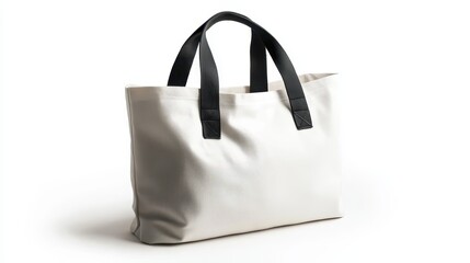 Off-white canvas tote bag with black leather handles. Perfect for showcasing your brand or design, this bag is versatile and stylish.