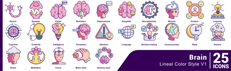Brain icon set 25 in lineal Color style