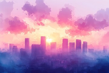 Beautiful sky with pastel clouds over the city, anime-style watercolor background.
