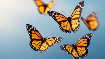 Obraz premium Three orange butterflies flying in the sky. The butterflies are in different positions and angles, creating a sense of movement and freedom. The blue sky in the background adds a sense of calmness