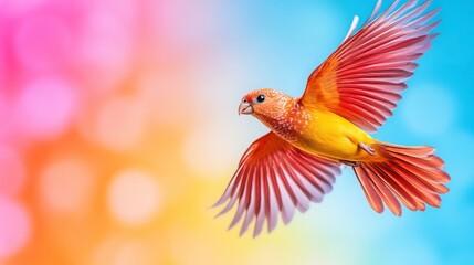 Fototapeta premium Vibrant Tropical Bird in Flight Against a Colorful Bokeh Background