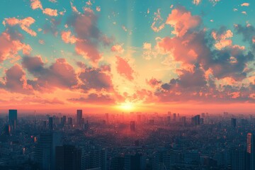 Beautiful sky with pastel clouds over the city, anime-style watercolor background.