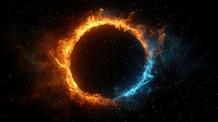 Obraz premium A star exploding in space, with an orange and blue glow around it, forming the shape of a circle, with stars visible in the background