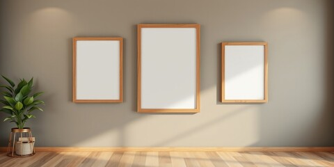 Minimalist interior design featuring three blank frames on a taupe wall and a potted plant