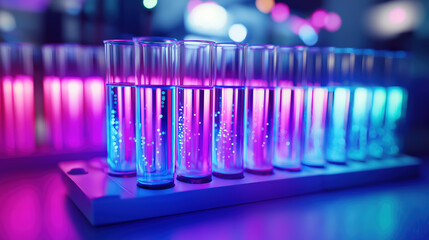 Glowing test tubes with colorful bioluminescence in laboratory