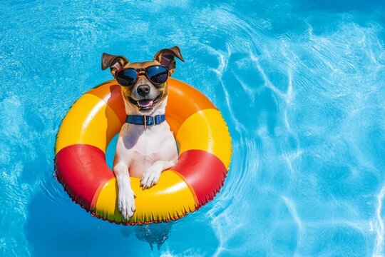 Happy dog with sunglasses and floating ring in summer vacation.
