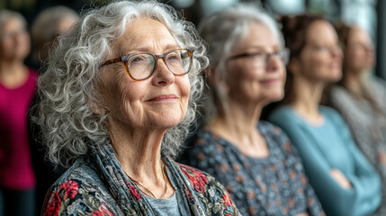 Attentive senior woman with friends in audience.
