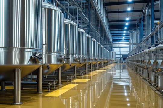 Modern brewery with stainless steel fermentation tanks in a factory setting