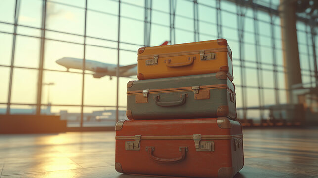 Stacked vintage suitcases in airport with airplane in background at sunrise