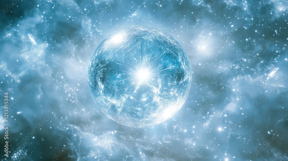 Poster luminous celestial orb within a starry galaxy