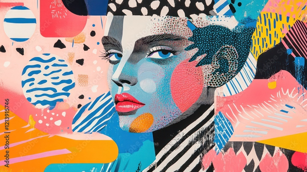 Poster abstract colorful portrait of a woman with bold geometric patterns
