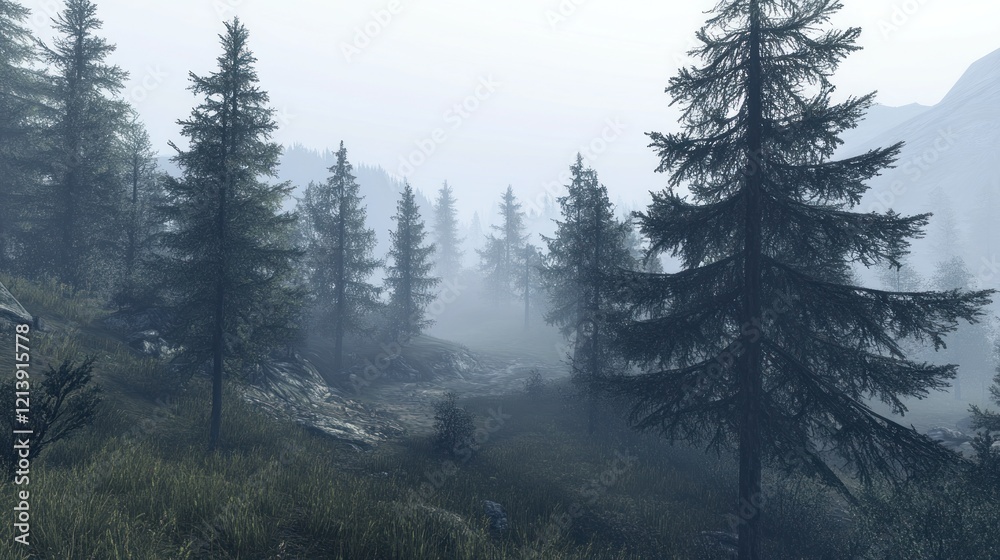 Poster misty mountain forest path with tall evergreen trees