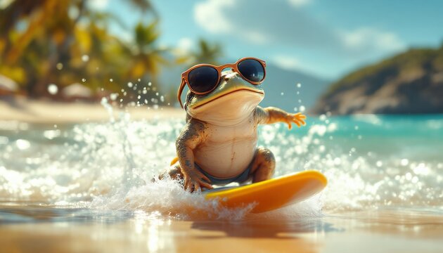 Cool Frog Surfer Dude in Tropical Paradise