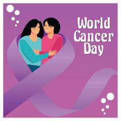 A girl hugs her mother who has cancer with love with a purple ribbon and flowers.