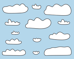 Fototapeta premium Set of linear clouds in doodle style. Hand drawn clouds. Abstract white cloudiness on blue background. Vector illustration