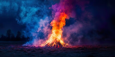 Vibrant Holika Dahan Festival Bonfire with Colorful Smoke Rising