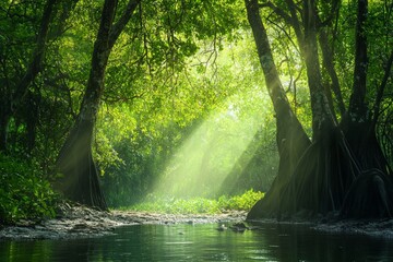 Obraz premium Dense and lush mangrove forests, morning spotlights, muddy areas of mangrove forests in the river area