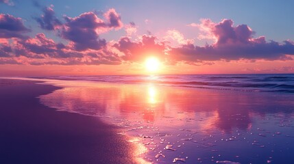 Beach sunset reflection, ocean waves, pink sky, calm